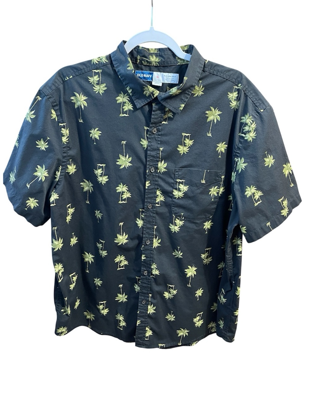 Old Navy Men Button Up Palm Tree Hawaiian Shirt Pocket Black Green XL Beach Vaca